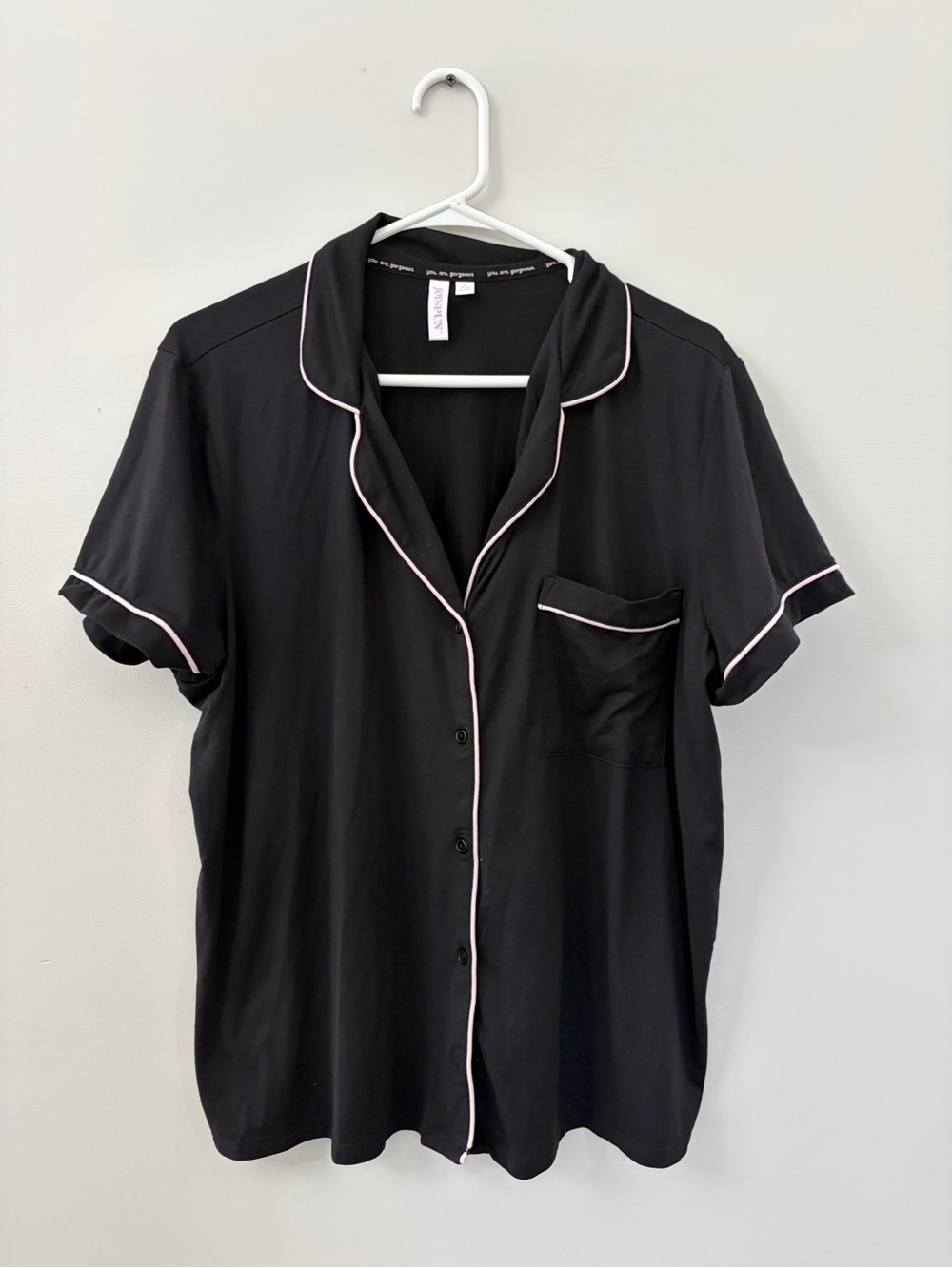 Women's Black Short-Sleeve Pajama Top with Pink Trim